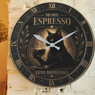 Grande Horloge Ronde More Espresso Less Depresso Black Cat