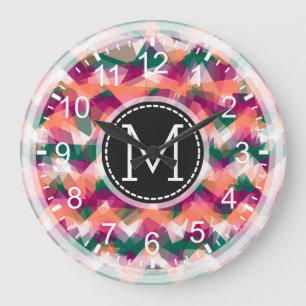 Grande Horloge Ronde Mosaïque colorée Monogramme moderne #5