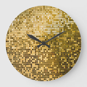 Grande Horloge Ronde Mosaïque d'or : Carreaux Carrés Texture.
