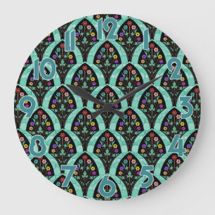 Grande Horloge Ronde Mosaïque vintage de fan de fleur d'art déco