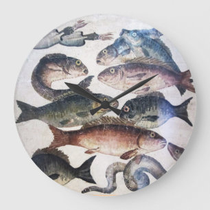 GRANDE HORLOGE RONDE MOSAÏQUES ROMAINES ANTIQUES, POISSONS, ESPACE DE V