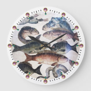 GRANDE HORLOGE RONDE MOSAÏQUES ROMAINES ANTIQUES, POISSONS, ESPACE DE V