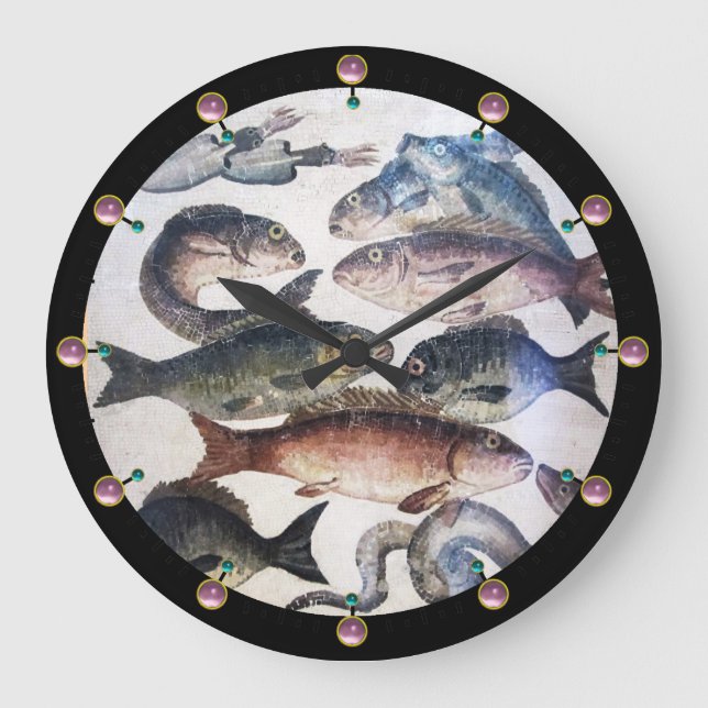 GRANDE HORLOGE RONDE MOSAÏQUES ROMAINES ANTIQUES, POISSONS, ESPACE DE V (Recto)