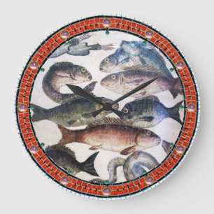 GRANDE HORLOGE RONDE MOSAÏQUES ROMAINES ANTIQUES, POISSONS, ESPACE DE V