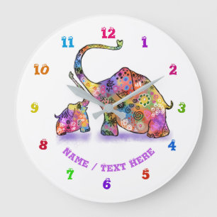 Grande Horloge Ronde Mother and Baby Elephant Clock - Add Text