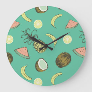 Grande Horloge Ronde Motif à doodle de fruits tropicaux