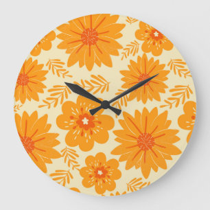 Grande Horloge Ronde Motif à fleurs orange Vintage rétro du milieu du s