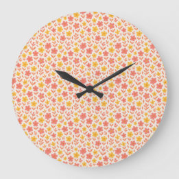 Grande Horloge Ronde Motif à fleurs rose et jaune