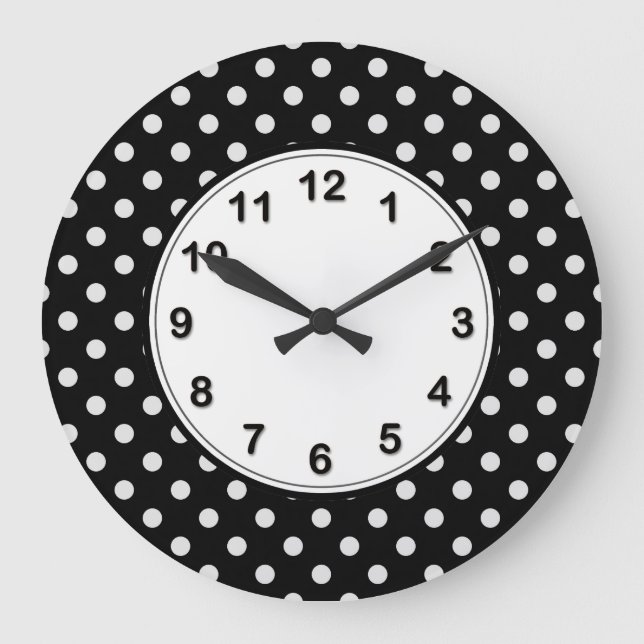 Grande Horloge Ronde Motif à points Polka noirs et blancs (Recto)