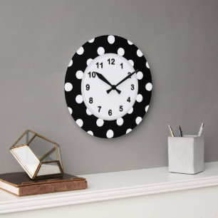 Grande Horloge Ronde Motif à pois noir blanc large