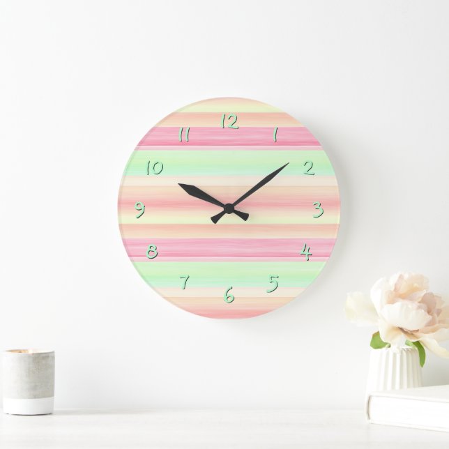 Grande Horloge Ronde Motif à rayures aquarelles rose vif et vert menthe (Maison)