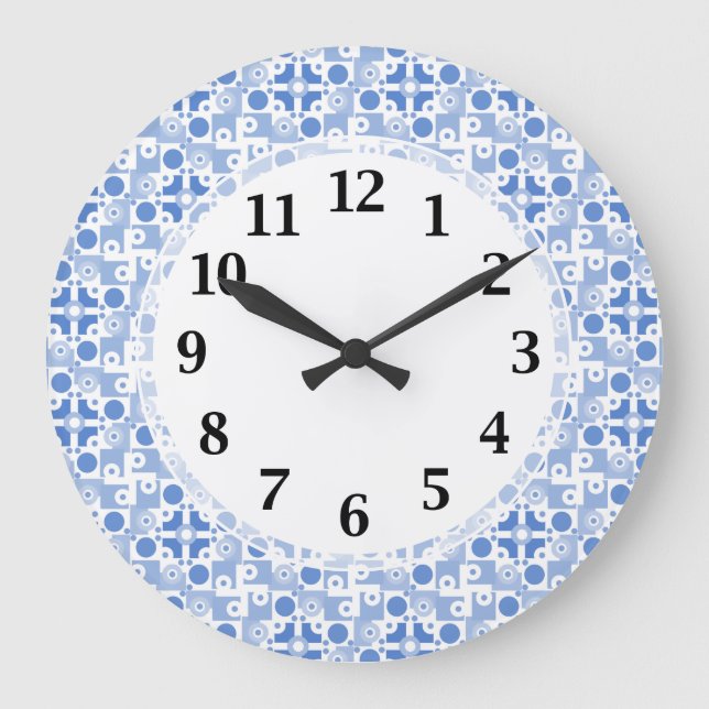 Grande Horloge Ronde Motif Abstrait bleu et blanc rétro (Recto)