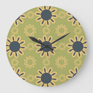 Grande Horloge Ronde Motif Abstrait noir et jaune rétro