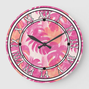 Grande Horloge Ronde Motif abstrait simple avec feuilles de monstera, f