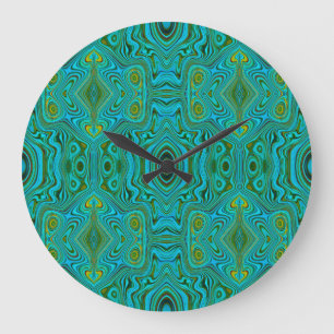 Grande Horloge Ronde Motif Abstrait Trippy Retro Turquoise Chartreuse