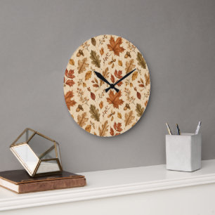 Grande Horloge Ronde Motif aquarelle de feuilles d'automne 