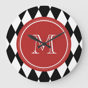 Grande Horloge Ronde Motif Arlequin blanc noir, Monogramme rouge