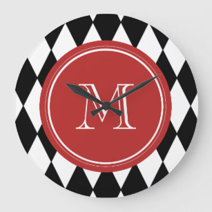 Grande Horloge Ronde Motif Arlequin blanc noir, Monogramme rouge