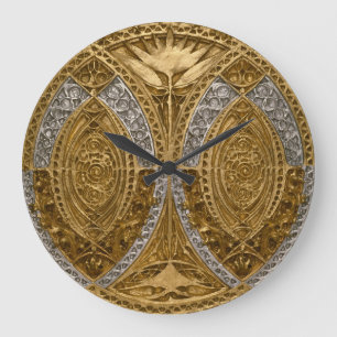 Grande Horloge Ronde Motif Art Déco Argent Et Or