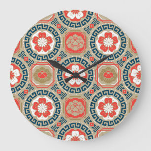 Grande Horloge Ronde Motif asiatique : Design géométrique élégant