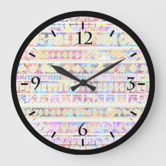 Grande Horloge Ronde Motif aztèque tribal coloré