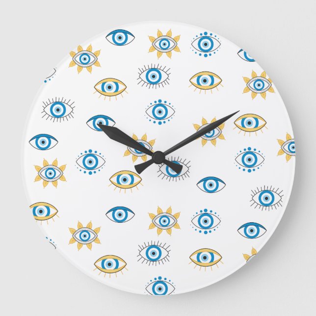 Grande Horloge Ronde Motif bleu, or et blanc de l'oeil grec Mati (Recto)
