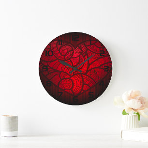Grande Horloge Ronde Motif boho romantique du coeur de Mandala rouge co