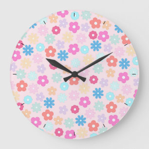 Grande Horloge Ronde Motif Boho Rose Daisy Flowers