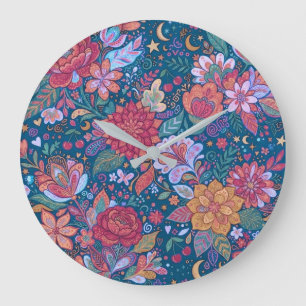 Grande Horloge Ronde Motif botanique floral foncé avec G vintage et lun