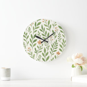 Grande Horloge Ronde Motif botanique minimaliste avec feuilles vertes