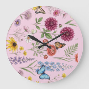 Grande Horloge Ronde Motif botanique vintage de fleurs sauvages et de p