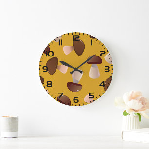 Grande Horloge Ronde Motif Brown de champignons sur moutarde jaune