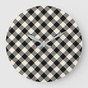 Grande Horloge Ronde Motif carreaux gingham diagonaux noir et beige