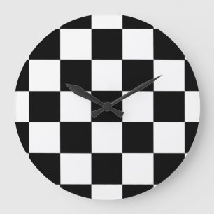 Grande Horloge Ronde Motif Checkered noir et blanc de damier