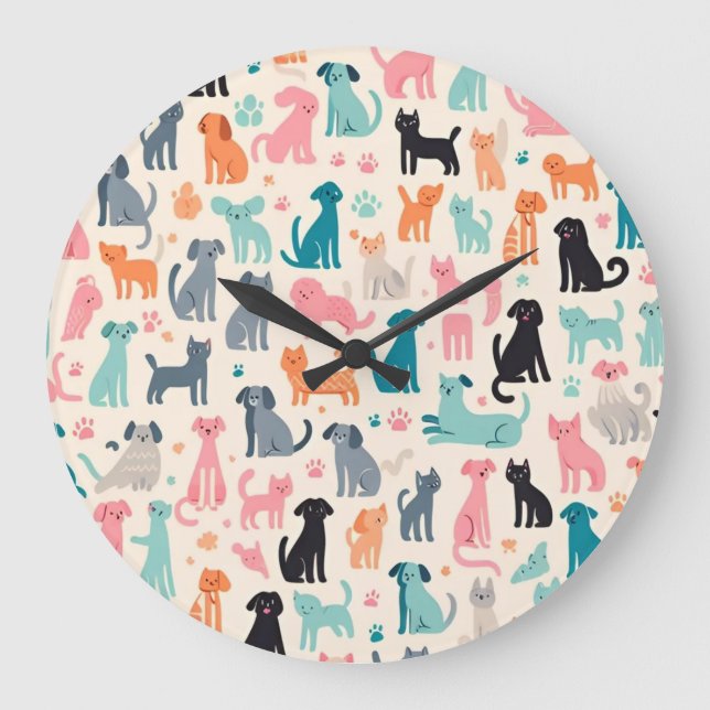 Grande Horloge Ronde Motif chien et chat sans couture (Recto)