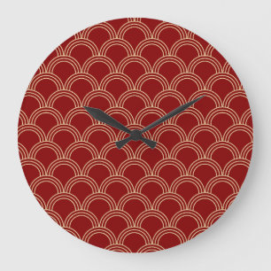 Grande Horloge Ronde Motif chinois traditionnel rouge et or