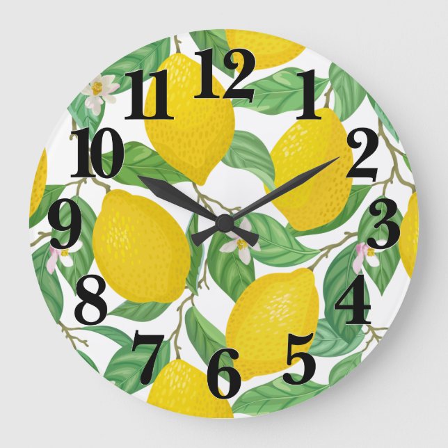 Grande Horloge Ronde Motif citron blanc jaune (Recto)