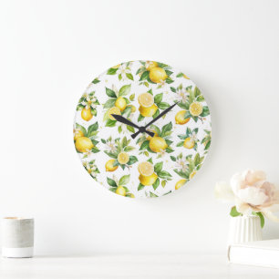 Grande Horloge Ronde Motif citron, Fleurs de citron, Feuilles, Citrus