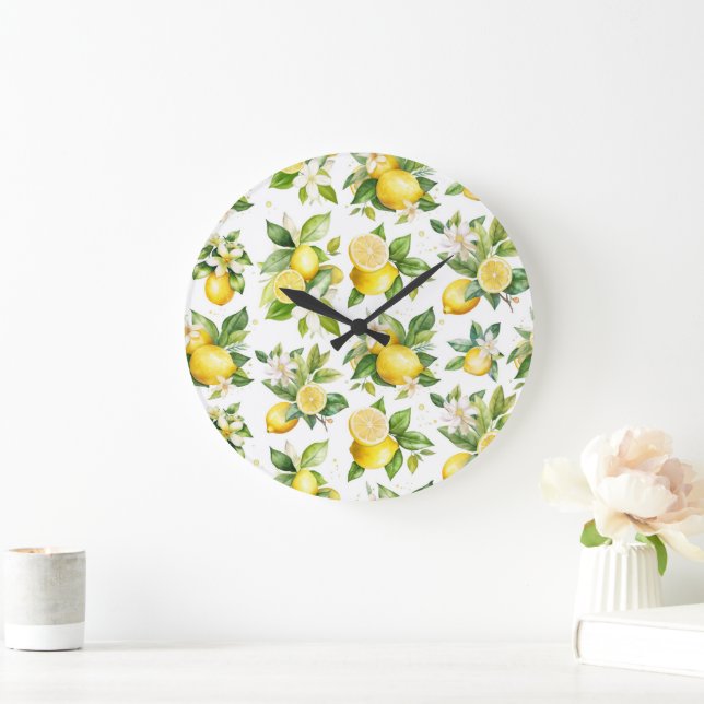 Grande Horloge Ronde Motif citron, Fleurs de citron, Feuilles, Citrus (Maison)