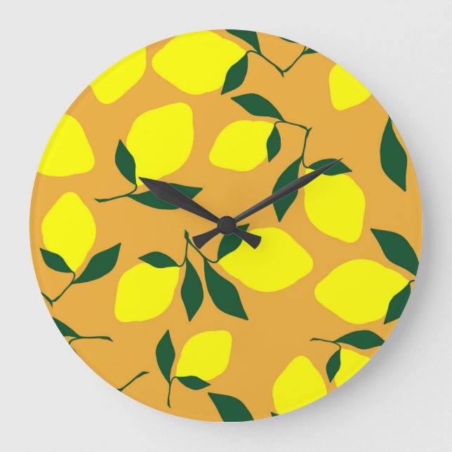 Grande Horloge Ronde Motif citron simple, arrière - plan orange. (Recto)
