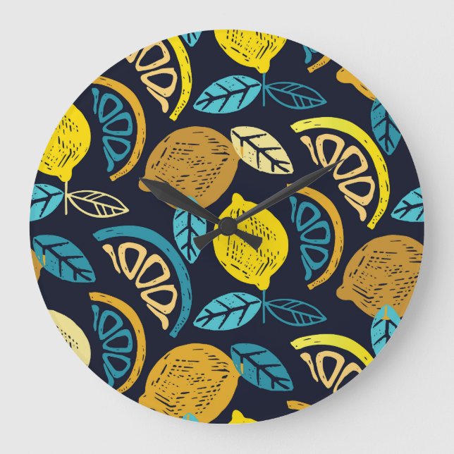 Grande Horloge Ronde Motif Citrus Lemon Doodle Arrière - plan (Recto)