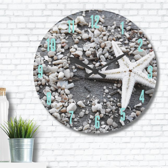 Grande Horloge Ronde Motif Coastal Ocean Sea Shell (Nautical White Starfish Shell Gray Sand Beach Large Clock)