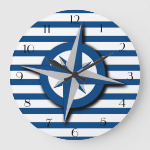 Grande Horloge Ronde Motif compas et rayures Inspiré de la marine
