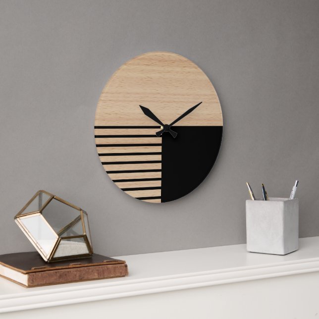 Grande Horloge Ronde Motif Contemporain En Blocs Sur Faux Bois (Bureau)