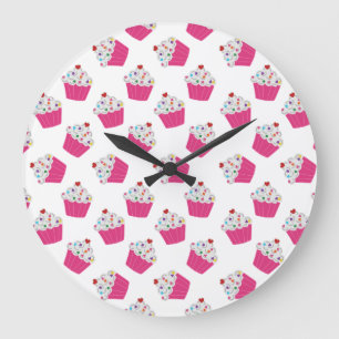 Grande Horloge Ronde Motif Cupcake rose clair au dessert