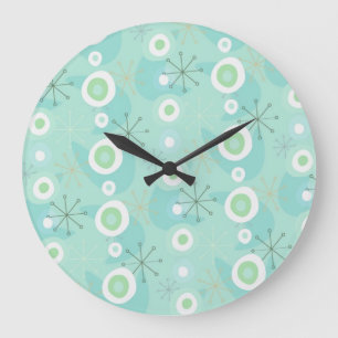 Grande Horloge Ronde Motif d'âge atomique bleu rétro-vert