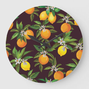 Grande Horloge Ronde Motif d'agrumes, Oranges Vintages de citrons.