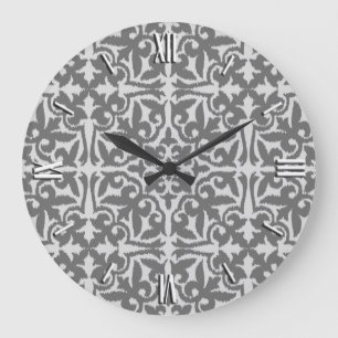 Grande Horloge Ronde Motif damassé Ikat - Gris clair et moyen