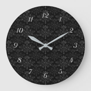 Grande Horloge Ronde Motif damassé vintage gris noir avec des nombres