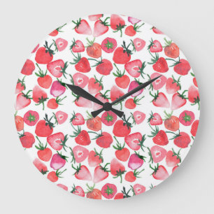 Grande Horloge Ronde Motif d'aquarelle aux fraises rouges juteuses